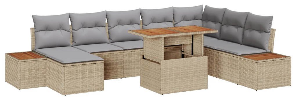 Conjunto de Sofá de Jardim vidaXL 9 Peças com Almofadas Bege Rattan Po