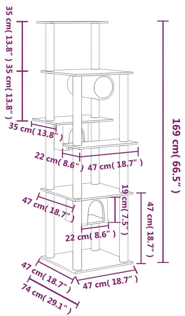 Árvore p/ gatos c/ postes arranhadores sisal 169 cm cinza-claro