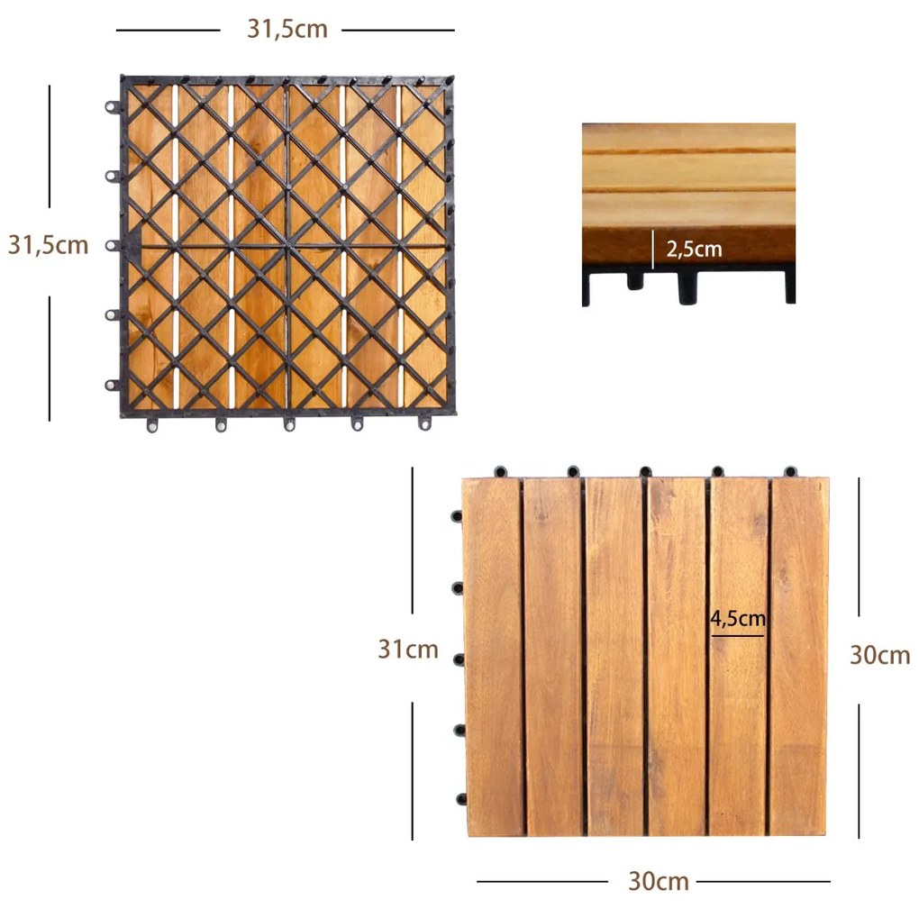 Conjunto 27 ladrilhos de madeira de acácia sem ferramentas para uso interno e externo 30 x 30 x 2,5 cm Natural