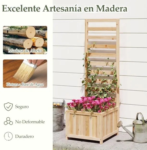 Floreira de jardim elevada de madeira com treliça 42,5 x 40,5 x 123 cm Vaso elevado com orifícios de drenagem e espaços para plantas trepadeiras Flore