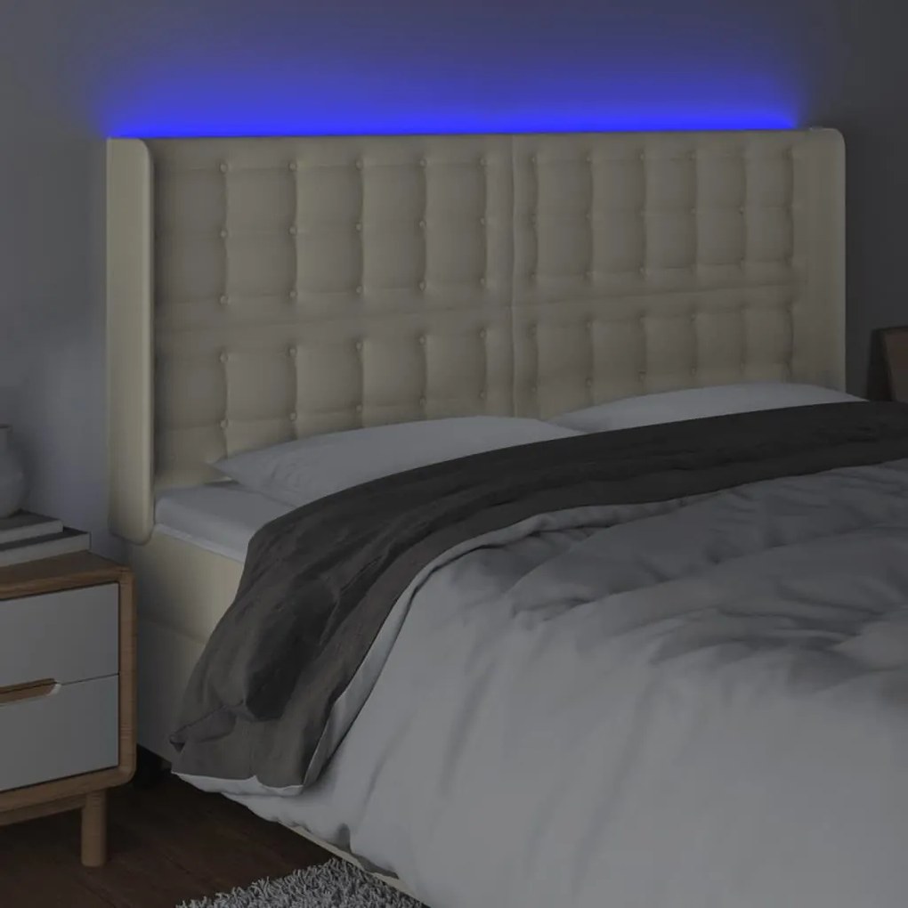 Cabeceira cama c/ LED 203x16x118/128 cm couro artificial crème