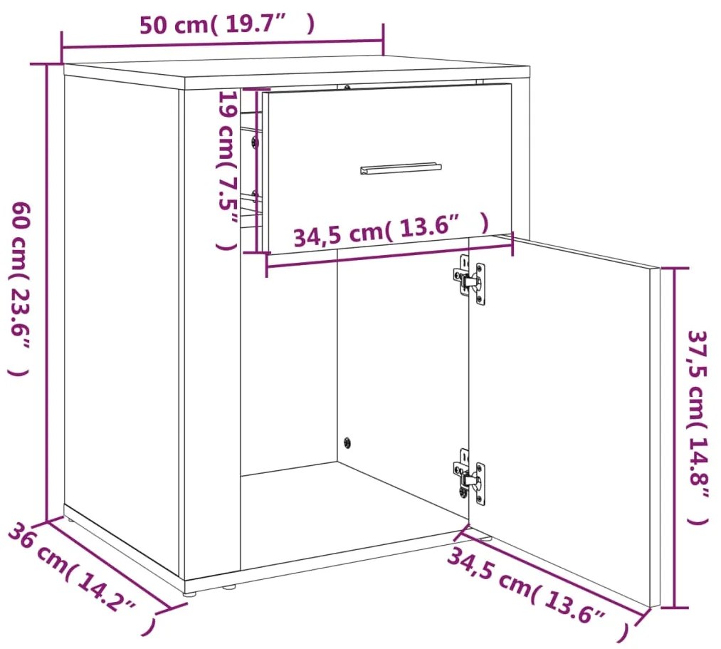 Mesa cabeceira 50x36x60 cm derivados madeira cinzento sonoma