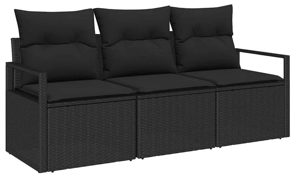 Conjunto de Sofá de Jardim 3 Peças com Almofadas Pretas em Rattan de P