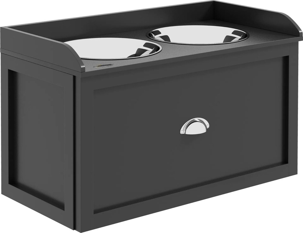 PawHut Tigela Dupla Cão Gato - Suporte de Tigelas Elevado Armazenamento 2 em 1 - Gaveta, 2 Tigelas - Aço Inox MDF Preto | Aosom Portugal