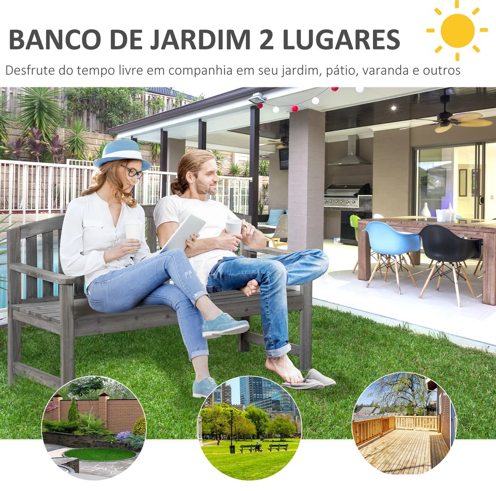 Outsunny Banco de Jardim de 3 Lugares Banco de Ripas de Madeira com Encosto Apoio para os Braços Terraço Varanda Exterior Carga 320kg 140x50x85cm Cinza