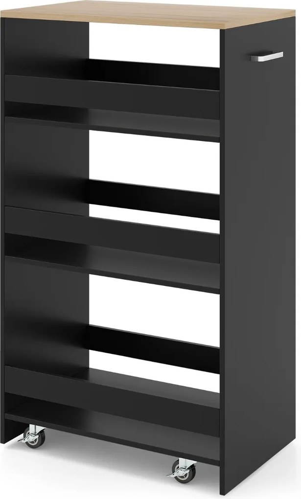 Carrinho Cozinha 47,5 x 30 x 80,5 cm de armazenamento estreito de 4 níveis com rodas e grades preto e natural