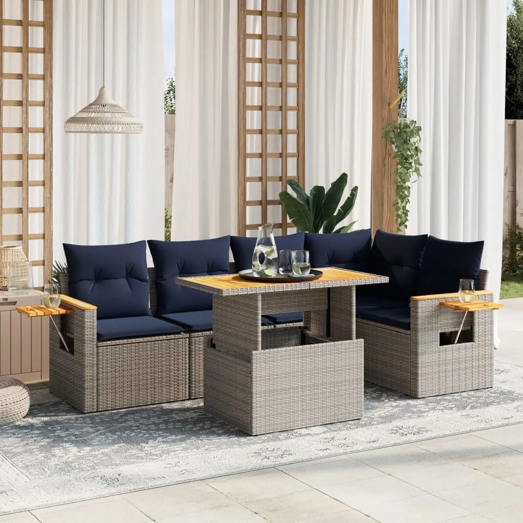 vidaXL 6 pcs conjunto sofás p/ jardim c/ almofadões vime PE cinzento