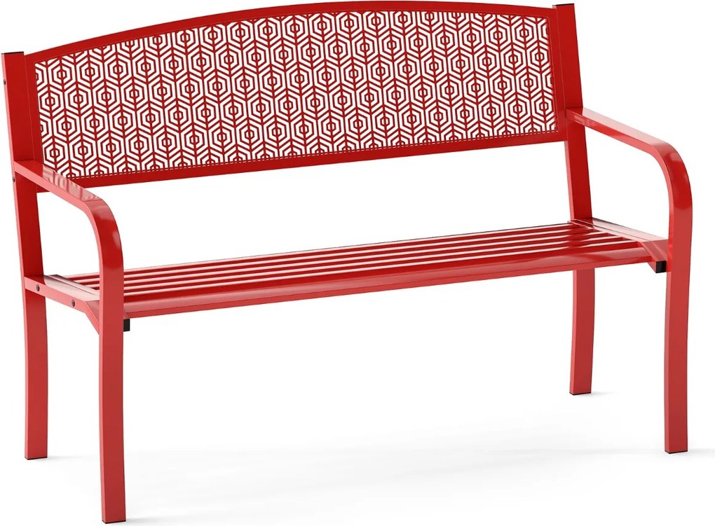 Banco jardim Metal de ripas de 128 cm para 2-3 pessoas com braços curvos e encosto clássico Vermelho