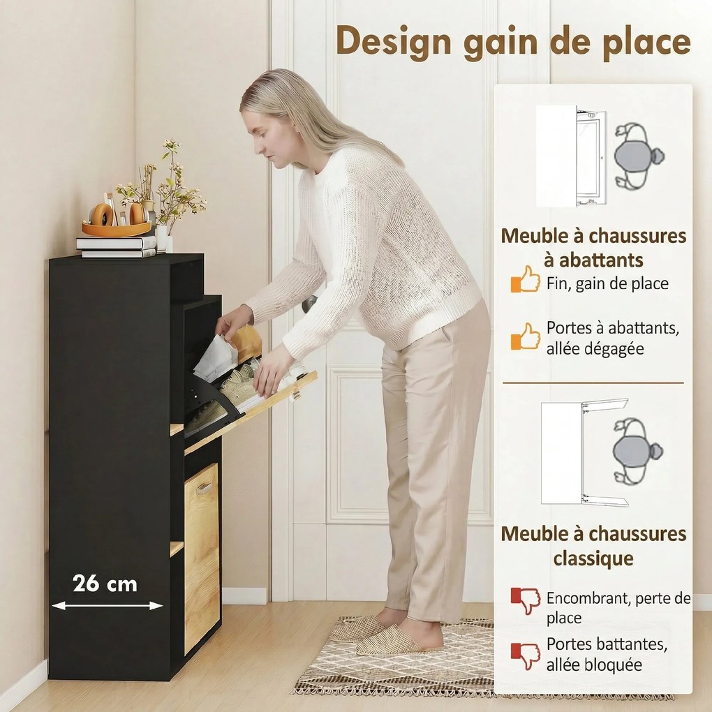 Sapateira com capacidade para 8 pares 80 x 26 x 90 cm, estreita com 2 gavetas rebatíveis, 3 compartimentos abertos, preto, efeito madeira natural