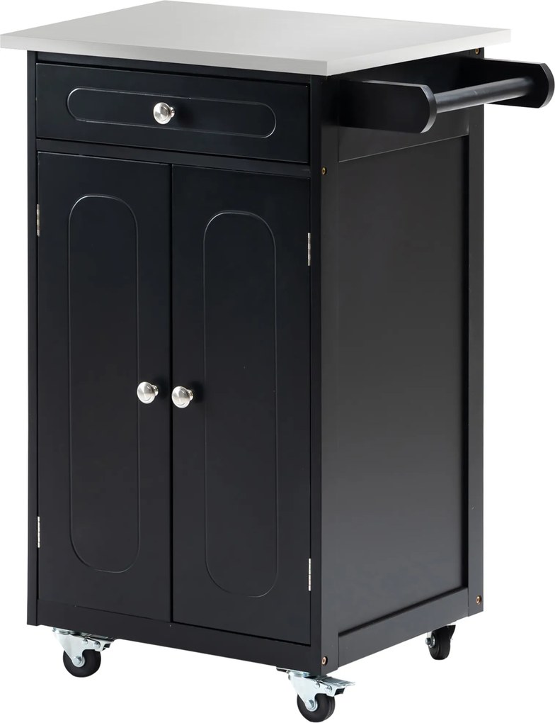 Carrinho de serviço de cozinha com rodas 60 x 45 x 85 cm, com vários compartimentos de arrumação: 1 gaveta, armário com 2 portas e prateleira para pan