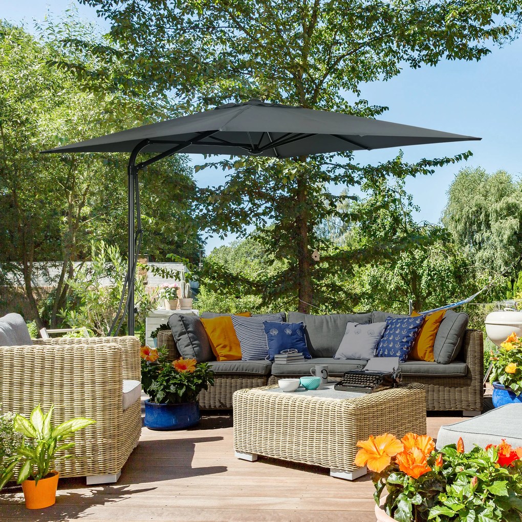 Guarda-sol quadrado com haste lateral, 2,5 x 2,5 m, com proteção UV e base em cruz incluída, cinzento escuro