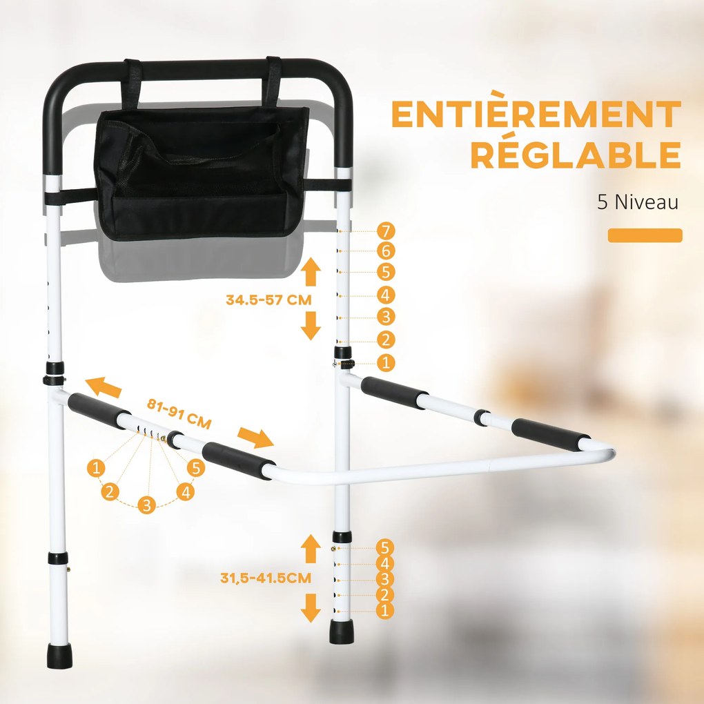Barra de apoio para cama com pés, proteção ajustável em 5 alturas, bolso de arrumação, 52 x 85-95 x 71-102 cm, branco e preto