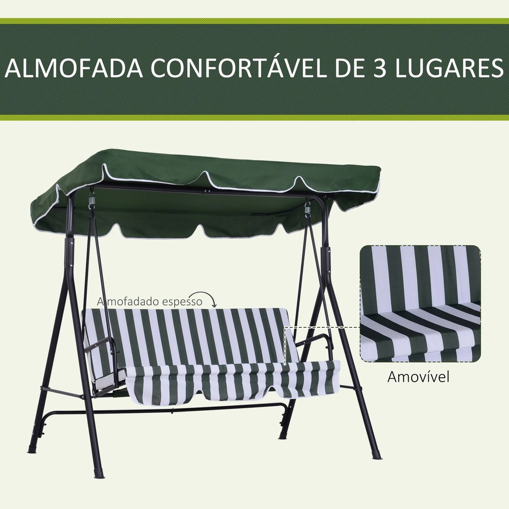 Outsunny Baloiço de Jardim de 3 Lugares com Almofada Toldo Ajustável e