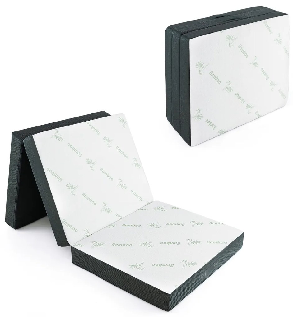 Colchão dobrável em 3 secções 193 x 80 x 10 cm de fibra de bambu e cobertura de tecido respirável com pega Branco e cinzento