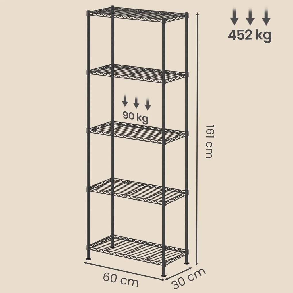 Estante de metal, prateleiras ajustáveis 30 x 60 x 161 cm, estante de arrumação com 5 níveis para garagem preta