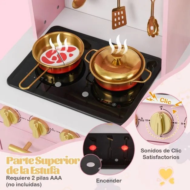 Conjunto de cozinha para crianças com cafeteira, dispensador de água, fogão, pia e torneira para crianças acima de 3 anos, 90 x 30 x 90 cm, rosa claro