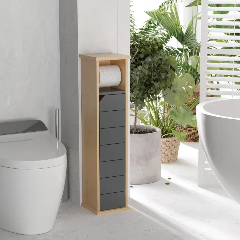 Suporte para papel higiénico 18 x 18 x 75 cm Porta-papel higiénico - 2 níveis, MDF cinzento bambu