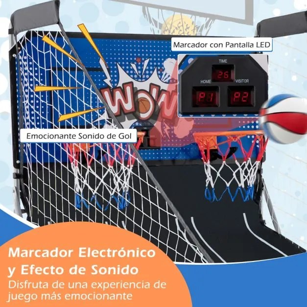 Máquina de basquetebol dobrável com Contador eletrónico e 8 jogos diferentes Azul