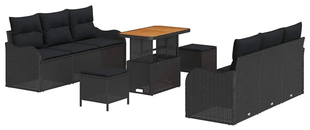 Conjunto de Sofás de Jardim de 9 Peças com Almofadas Preto Polirattan