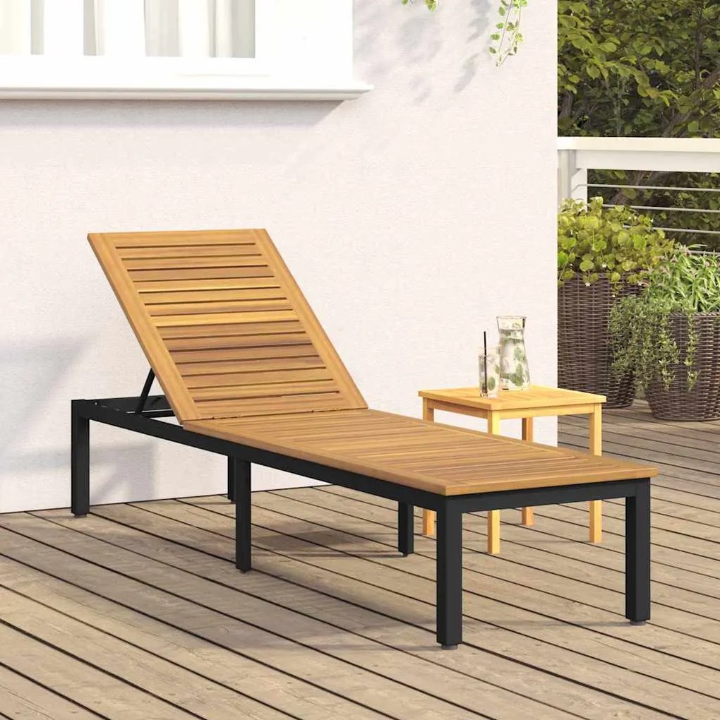 Espreguiçadeira Preta 200x55x35 cm Madeira Acácia Maciça