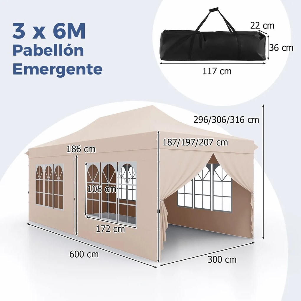 Tenda jardim, festas, eventos de 600 x 300 cm com 6 paredes laterais removíveis, com 6 pesos com bolsa de transporte Bege