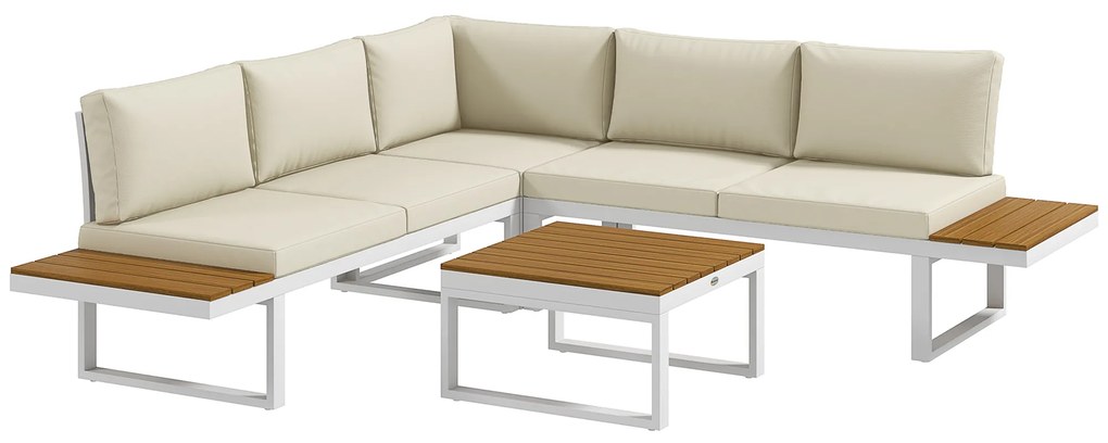 Outsunny Conjunto de Móveis de Jardim com 2 Sofás Duplos 1 Sofá de Canto e Mesa de Centro com Almofadas para Pátio 134x61x65 cm Creme | Aosom Portugal