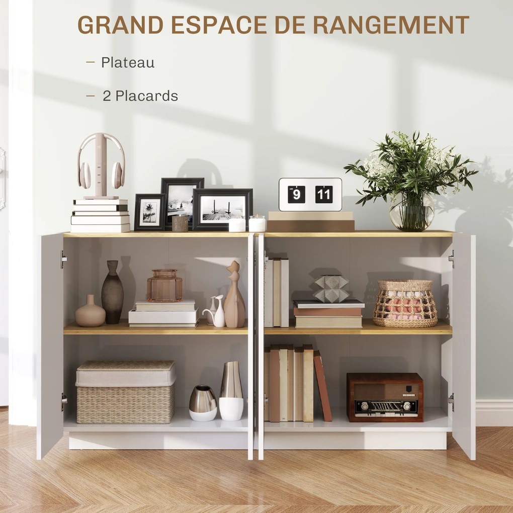 Aparador para sala de jantar e cozinha com 4 portas 140 x 40 x 75 cm com fecho suave e prateleiras ajustáveis, branco