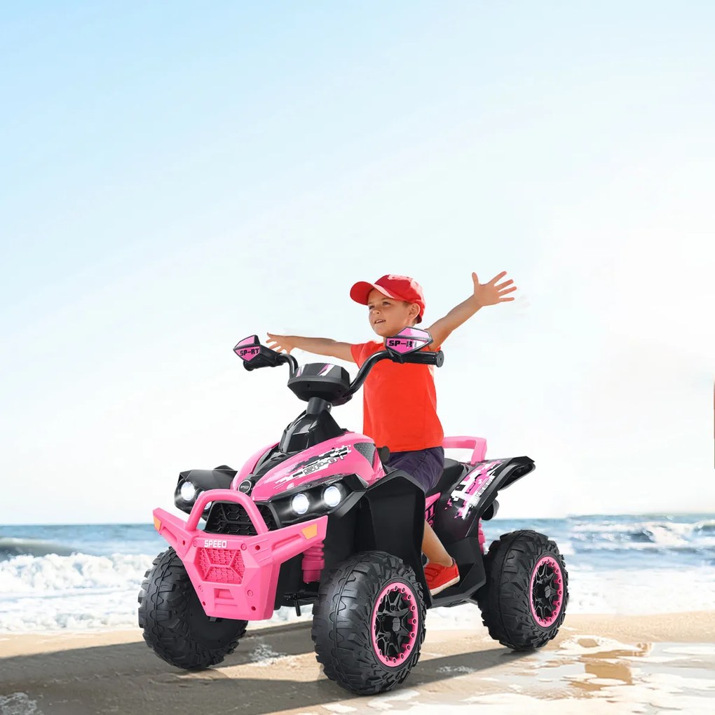 Moto 4 para crianças, bateria 12v, com velocidade ajustável, luzes led, pedal de música, 3-8 anos, 94x60x73 cm Rosa