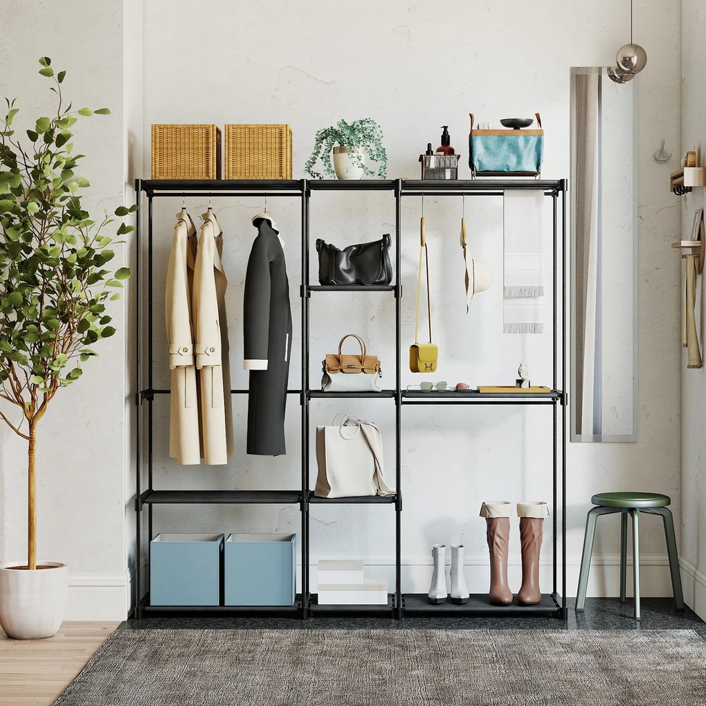 Guarda Roupas 182x43x185 cm Armário Aberto com 8 Prateleiras de Tecido Barras para Pendurar  182x43x185 cm Preto