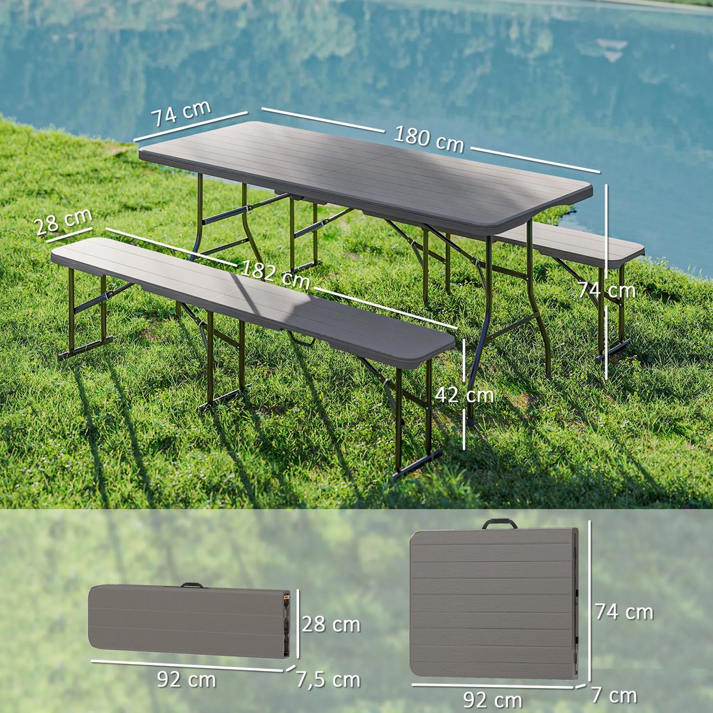 Conjunto de Campismo Dobrável de 3 Peças Inclui 1 Mesa 180x74x74 cm e 2 Bancos 182x28x42 cm Efeito Madeira Castanho