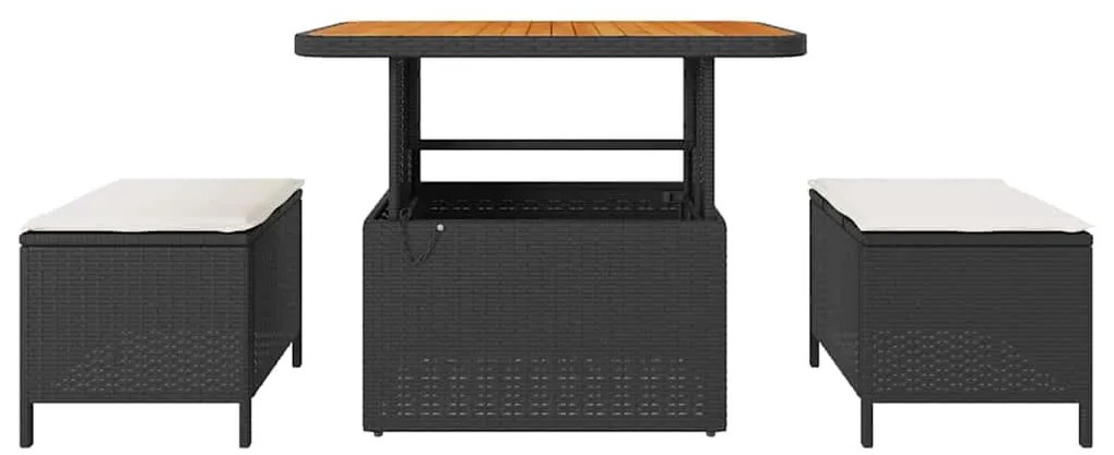 Conjunto de Jantar de Jardim com 3 Peças e Almofadas Preto Vime Rattan