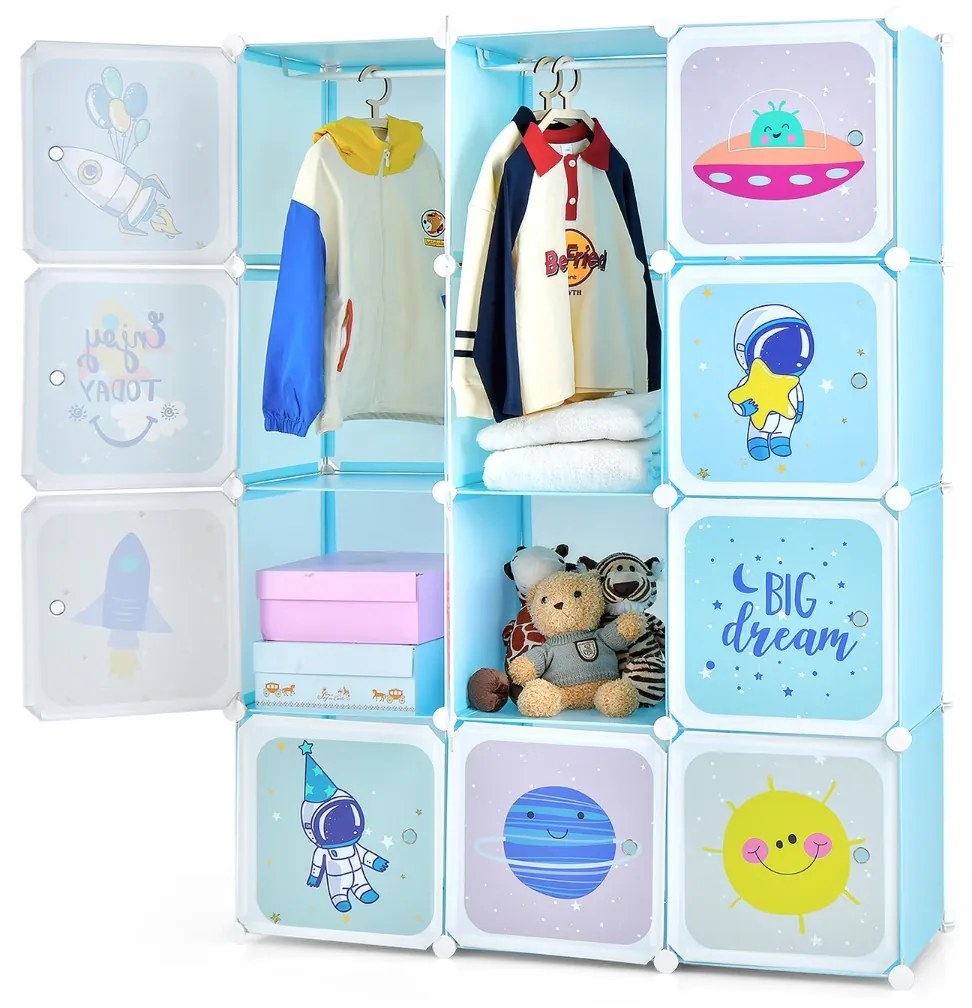 Estante modular portátil para guarda-roupa infantil com 12 cubos com 2 seções suspensas para brinquedos, sapatos, roupas, 107 x 36 x 142 cm, azul
