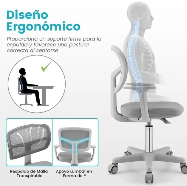 Cadeira Secretária para Crianças Ergonómica com Rodas Cadeira Giratória Altura Ajustável Apoio Lombar Cinza