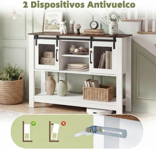 Aparador Armário de cozinha 102 x 32 x 82 cm com 2 compartimentos abertos, prateleira ajustável, portas de correr Branco+Castanho