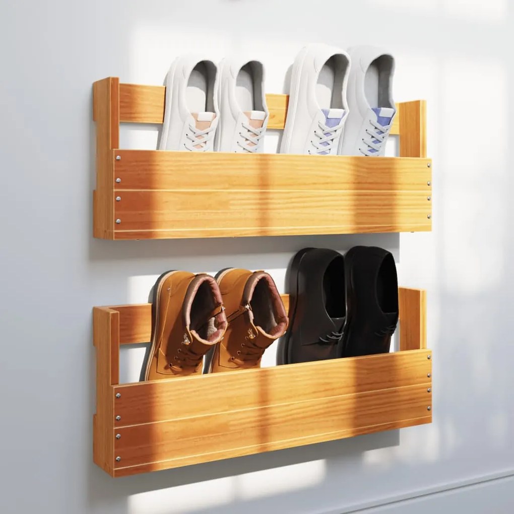 vidaXL Sapateira parede 2 pcs 59x8,5x23,5cm pinho maciço castanho cera
