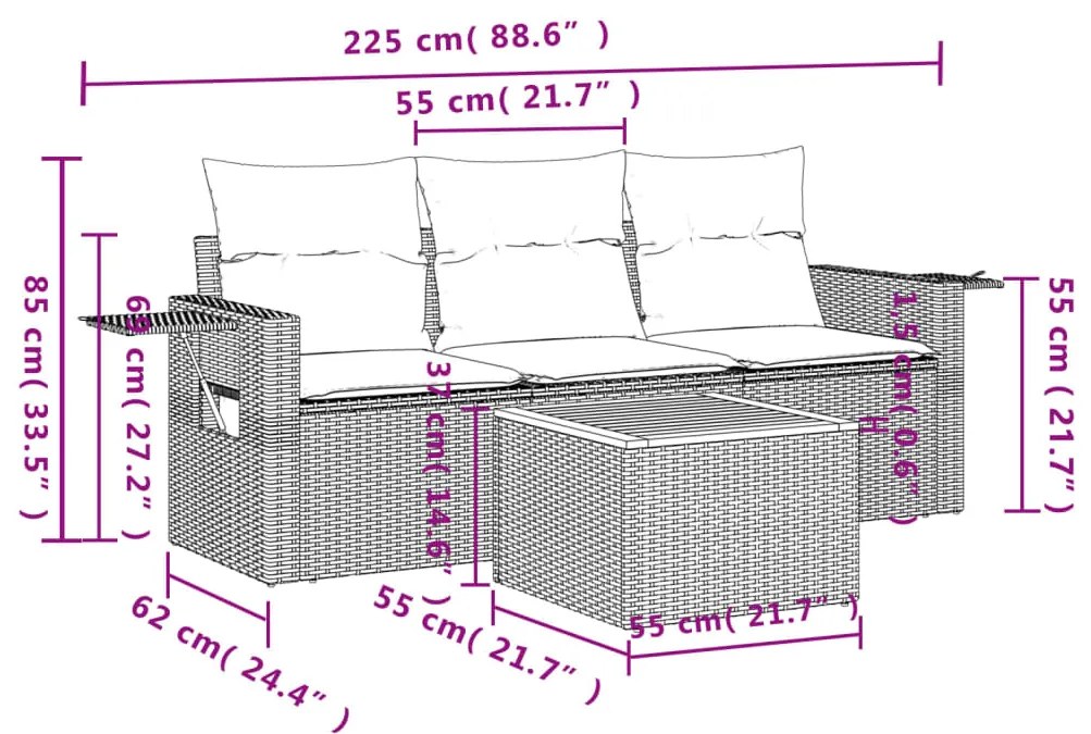 4 pcs conjunto sofás de jardim c/ almofadões vime PE cinzento