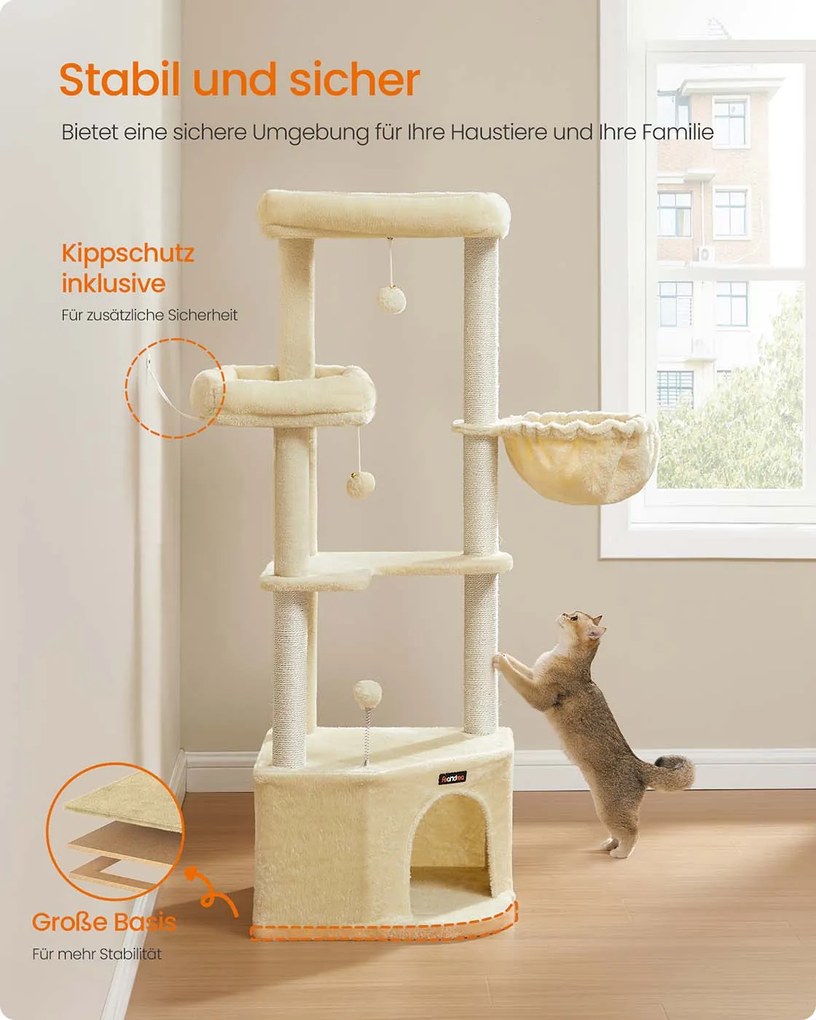 Arranhador para gatos com grande cavidade e várias áreas para brincar e descansar 48,5 x 48,5 x 140,7 cm Bege