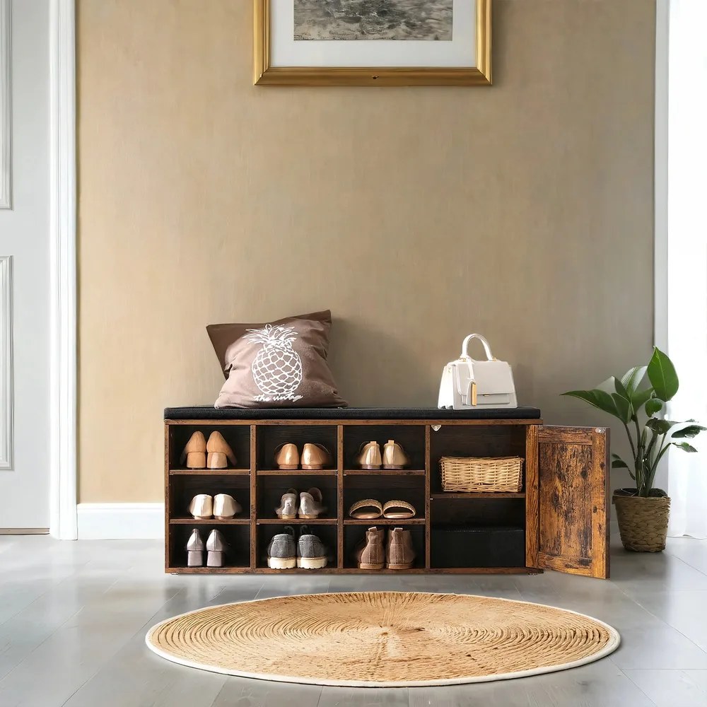 Banco arrumação para sapatos 30 x 110 x 48 cm, com almofada acolchoada e 9 compartimentos castanho