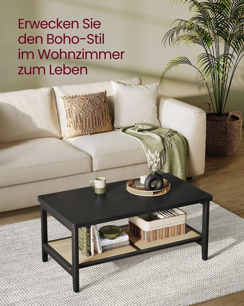 Mesa de centro de 2 níveis com espaço de arrumação estilo Boho Preto cinza