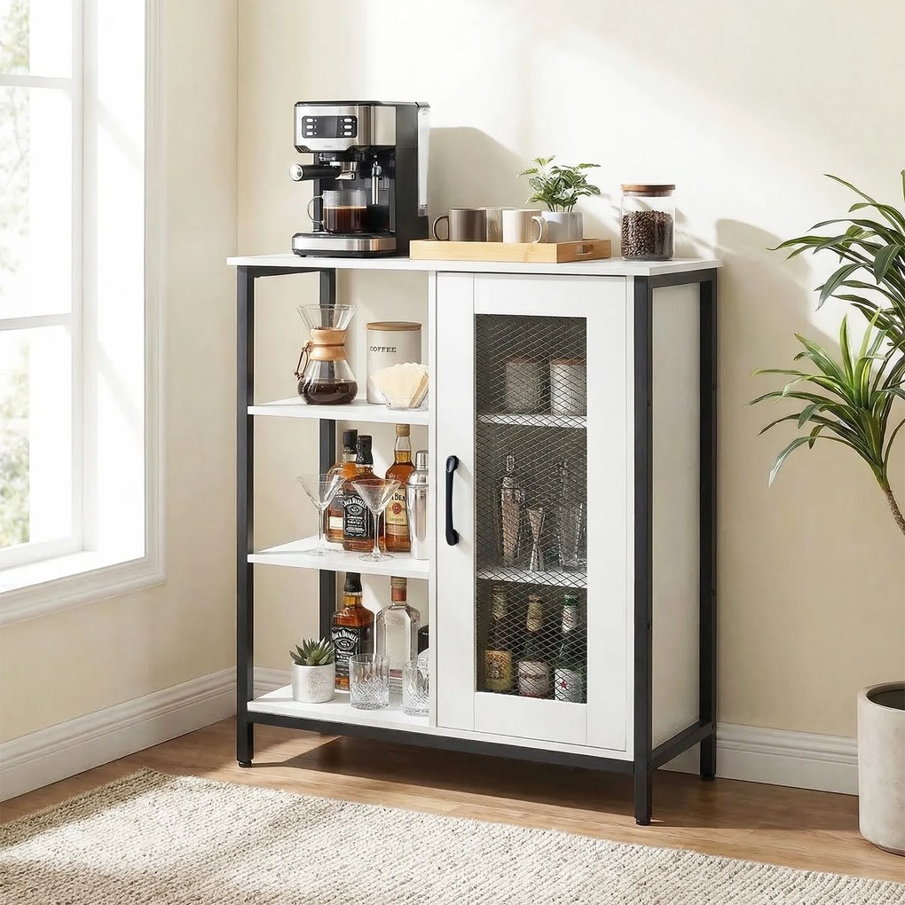 Aparador de Cozinha com Porta de Rede, 70 x 30 x 81 cm, Prateleiras Ajustáveis, Branco