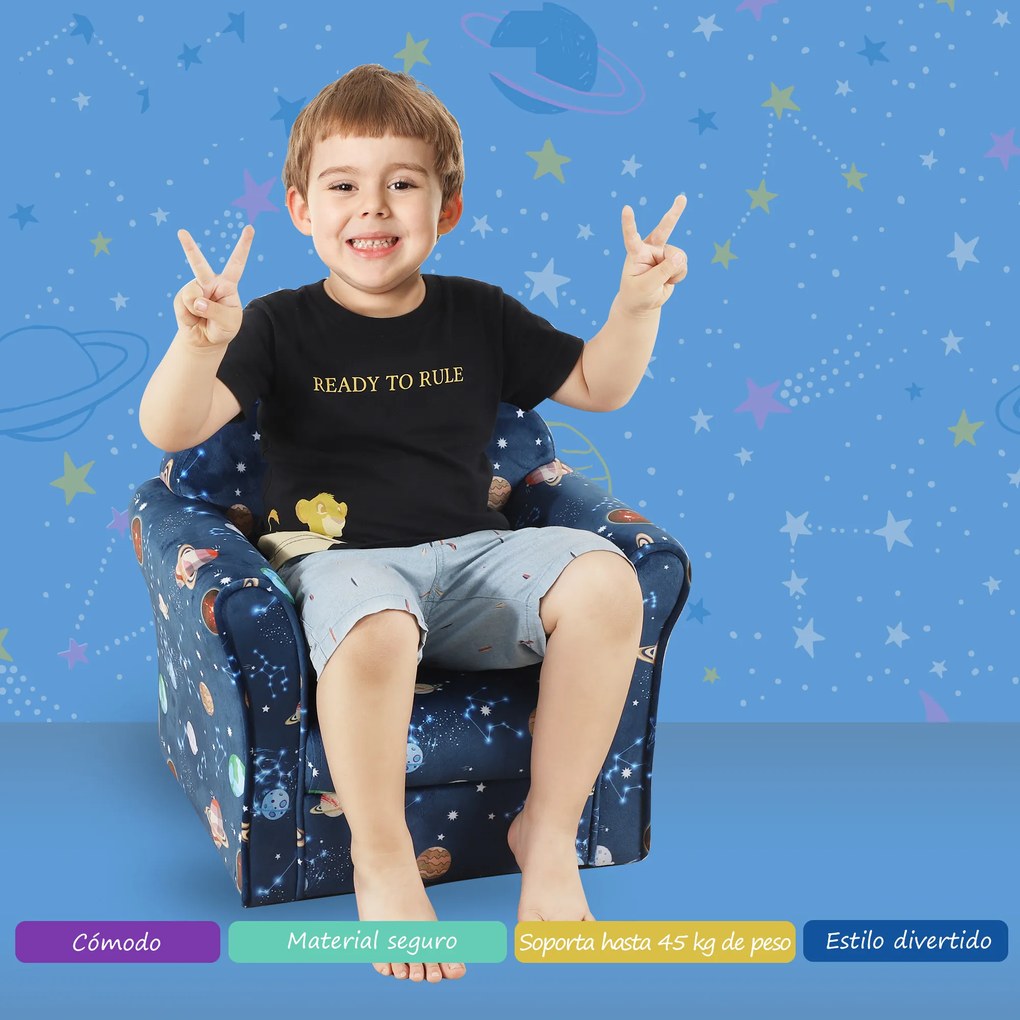 HOMCOM Poltrona para Crianças acima de 3 Anos com Desenhos de Planetas Estrutura de Madeira e Estofado em Flanela 50x39x44 cm Azul