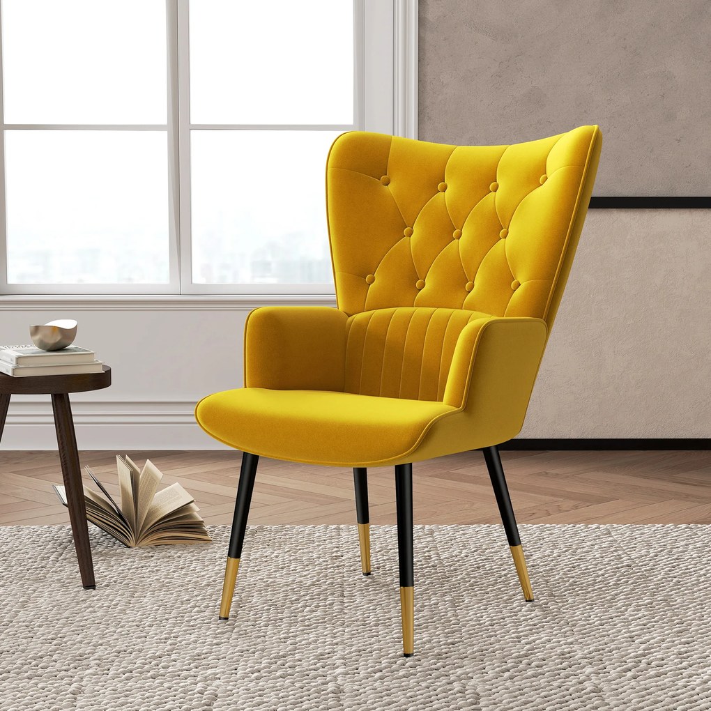 Poltrona Individual Estofada em Veludo com Encosto Alto Apoio para os Braços e Pés de Aço Estilo Moderno 68x72x103 cm Amarelo