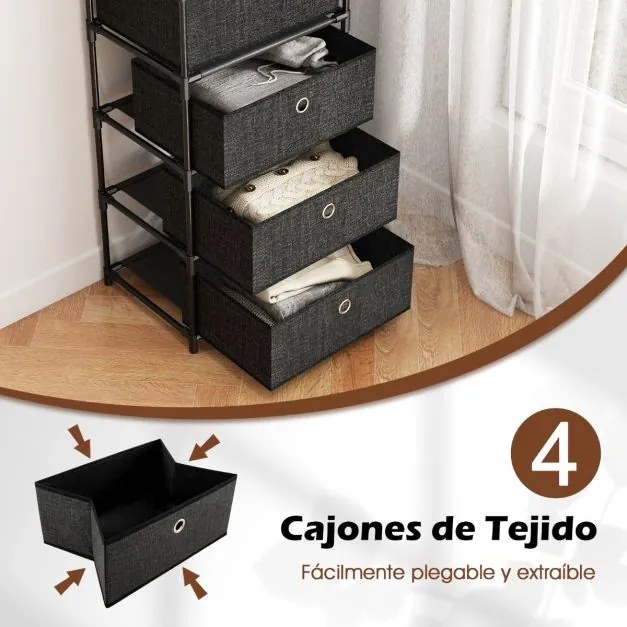 Cómoda com gavetas de tecido com superfície de madeira e estrutura metálica preto - 4 gavetas