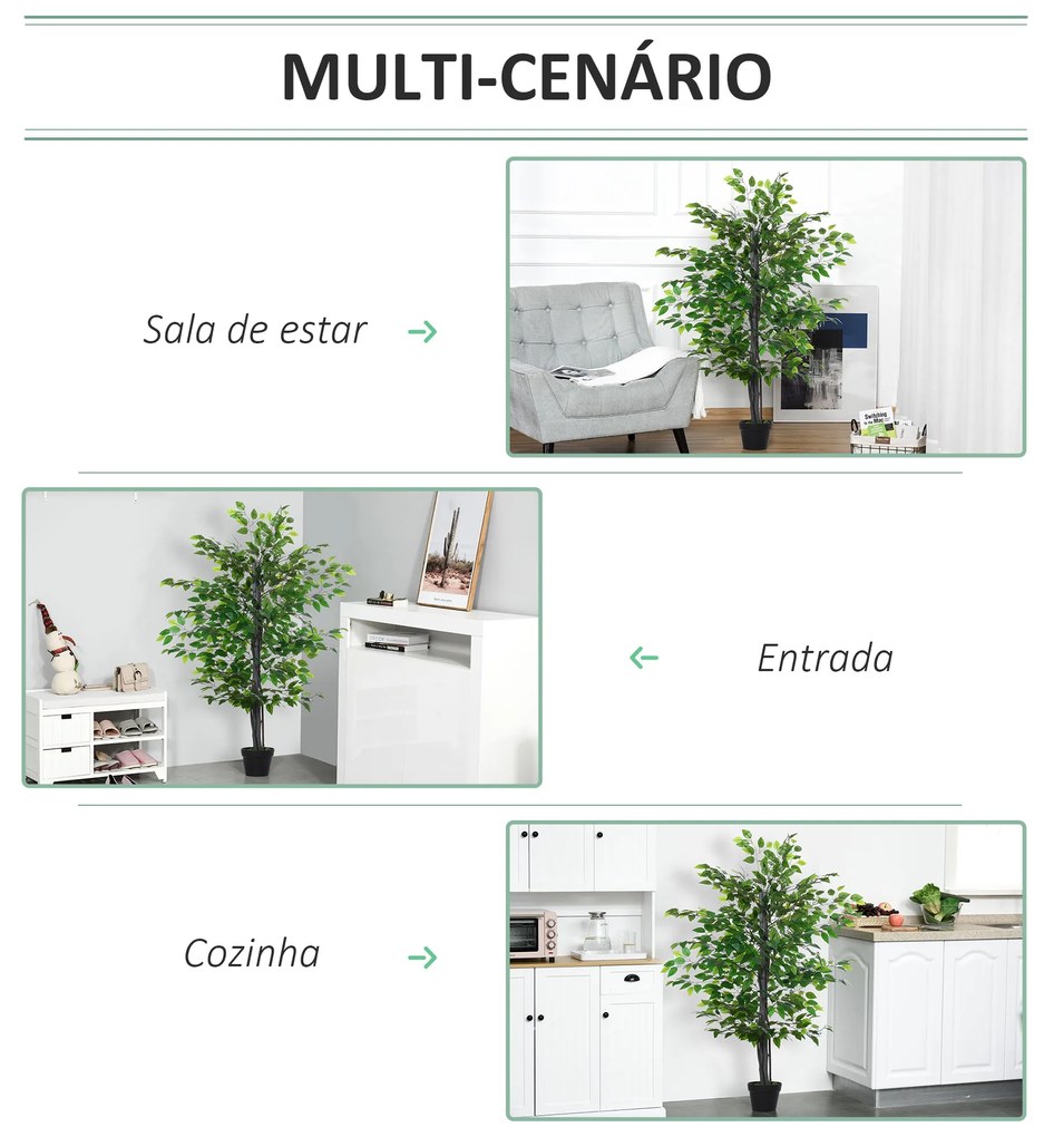 Ficus artificiais com 145 cm de altura 756 folhas com vaso para decoração interior e exterior verde