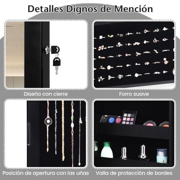 Espelho de jóias 12 LEDs Armario de parede Organizador de jóias Caixa de jóias 37 x 8,5 x 120 cm Preto