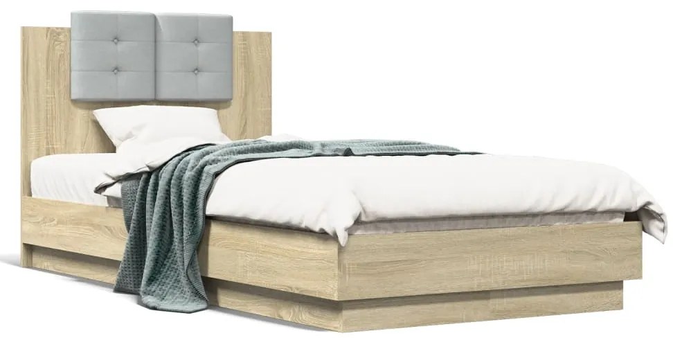 vidaXL Estrutura cama c/ cabeceira/luzes LED 90x190 cm carvalho sonoma