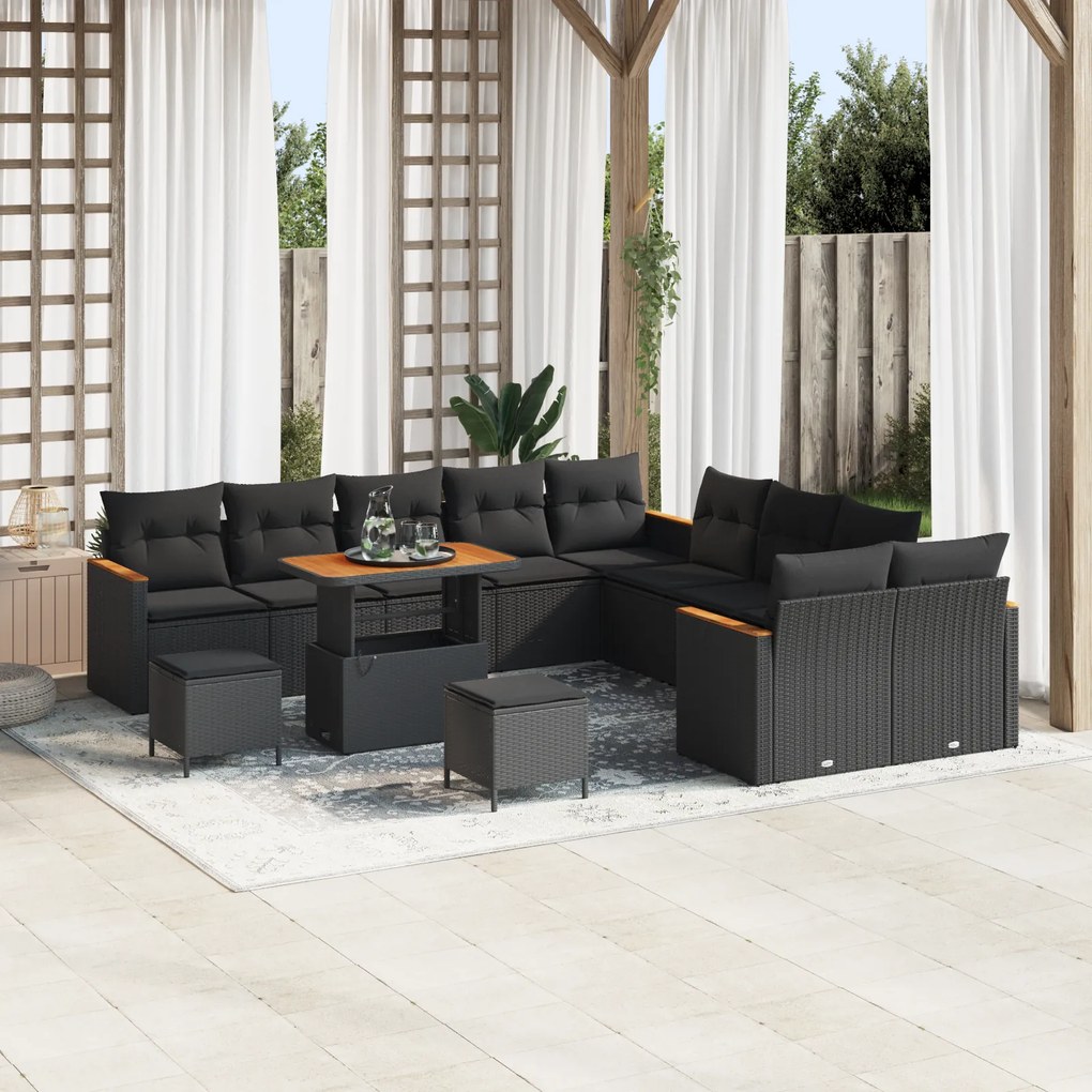 Conjunto de Sofás de Jardim com Almofadas vidaXL 13 Peças Preto Rattan