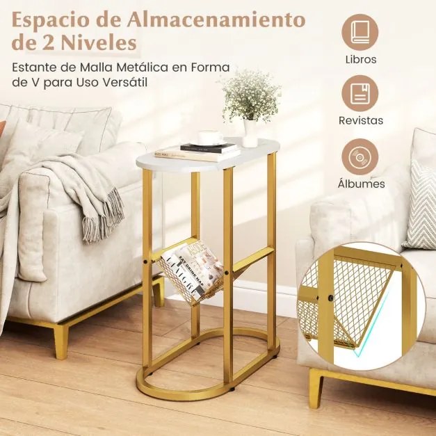 Mesa apoio, mesa de cabeçeira Estreita 60 x 28,5 x 64 cm com Tampo de Imitação Mármore e Suporte para Revistas Estrutura Metálica Dourada e Branco