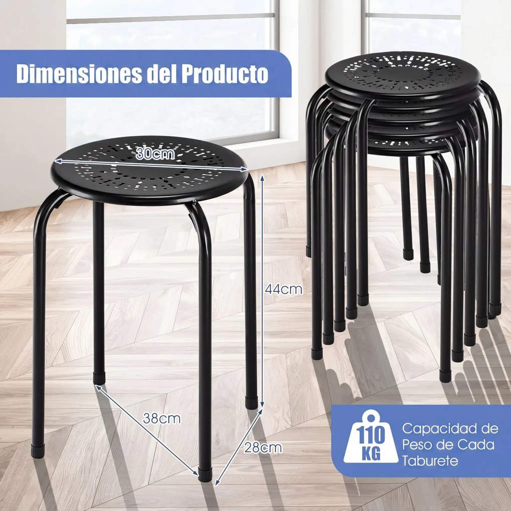 Conjunto de 6 Bancos Empilháveis, 30 x 30 x 44,5 cm, Estrutura Metálica Resistente, Preto