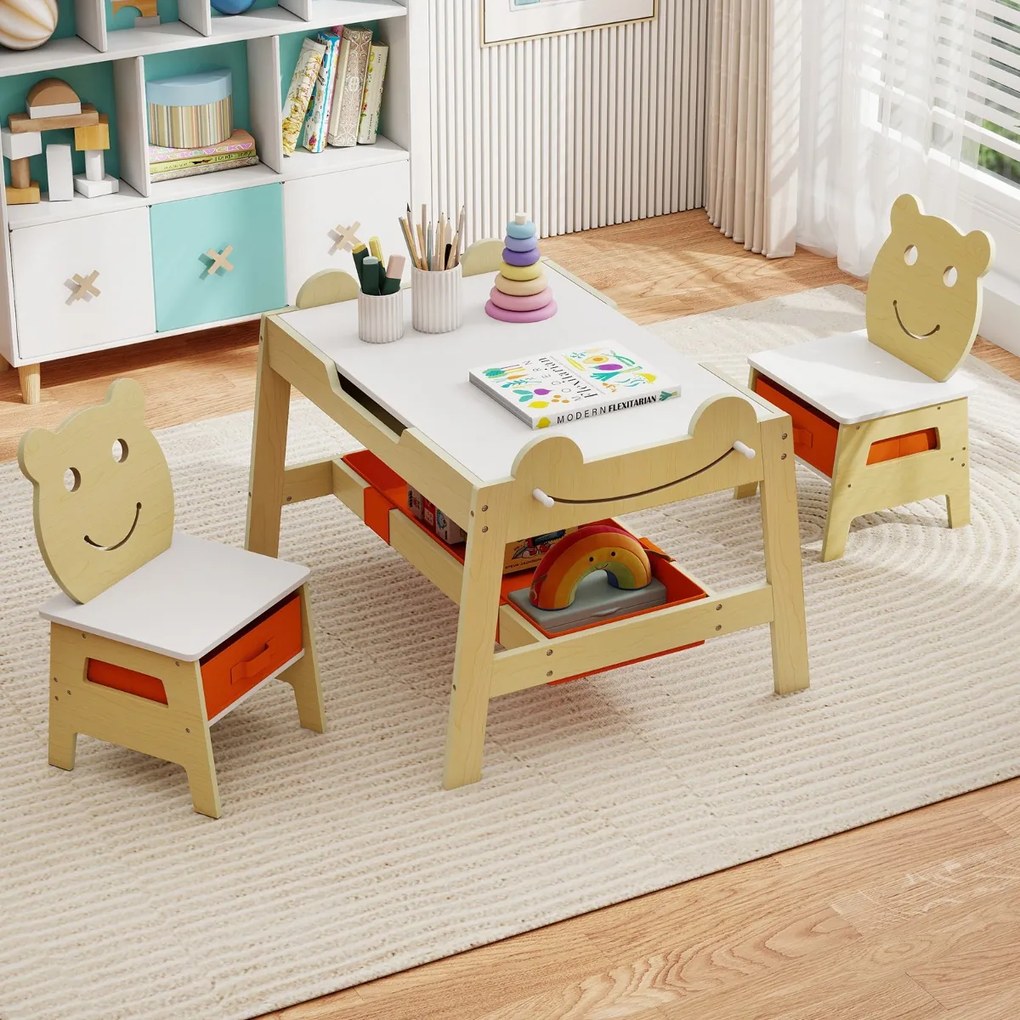 Conjunto Mesa e 2 cadeiras infantis 5 em 1 com tampo reversível preto e branco com Detalhe Curvo, 4 ganchos, compartimentos e recipientes natural